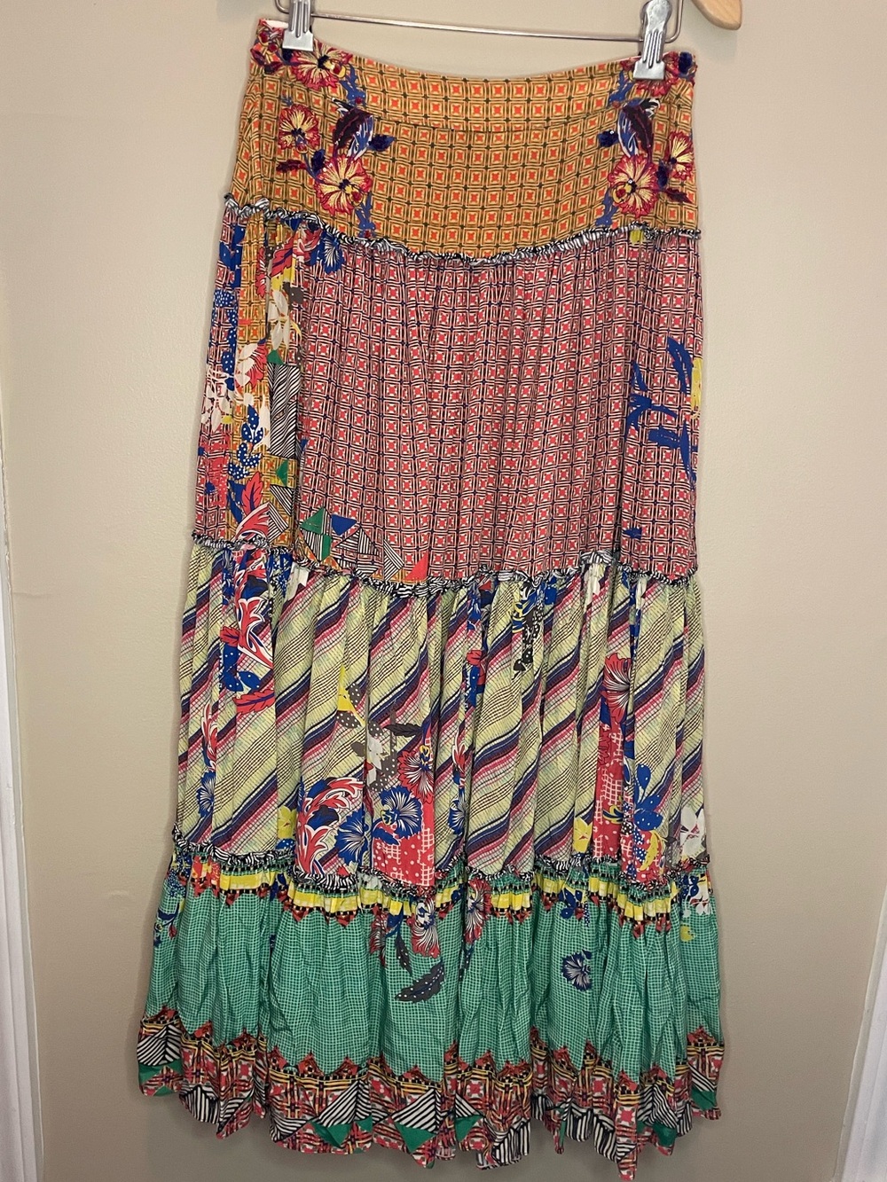 Anthropologie Bhanuni by Jyoti Ruth Embellished Mixed Print Tiered Maxi Skirt  0